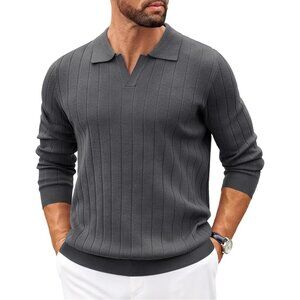 Coofandy Men Grey Polo Long Sleeve V Neck Knit Lightweight Pullover Sweater